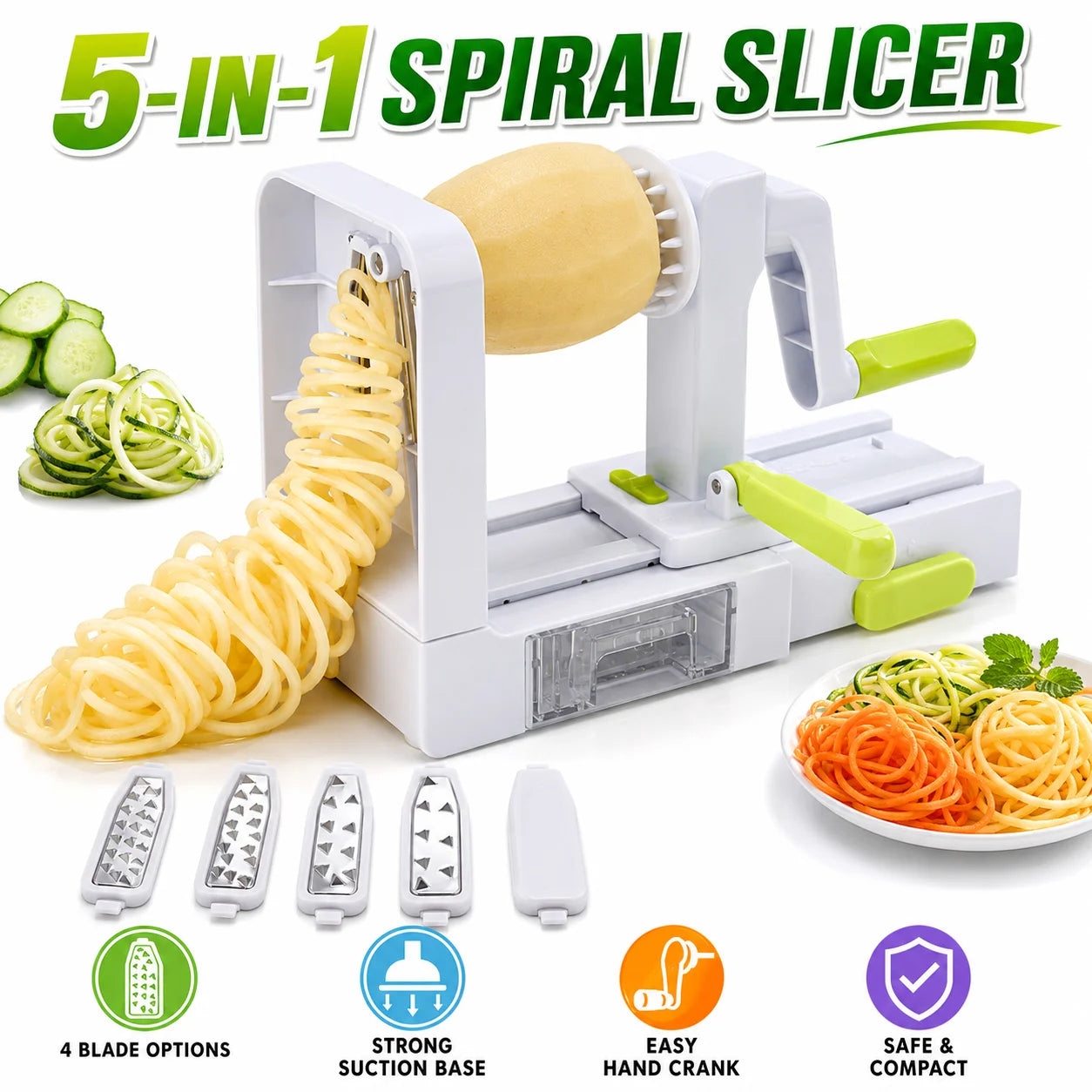 Spiraliseur Légumes 5-en-1 Manuel — Tagliatelles Courgettes Carottes